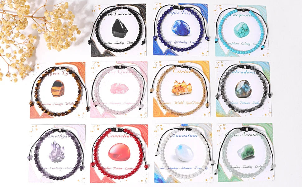 Bracelet perles de tourmaline noire naturelle – Bracelet ajustable tressé en corde avec carte cadeau pour hommes et femmes