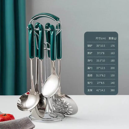 7PCS Stainless Steel Kitchen Utensil Set – Cooking Spatula & Soup Spoon with Ceramic Handles, Nordic Style Kitchenware