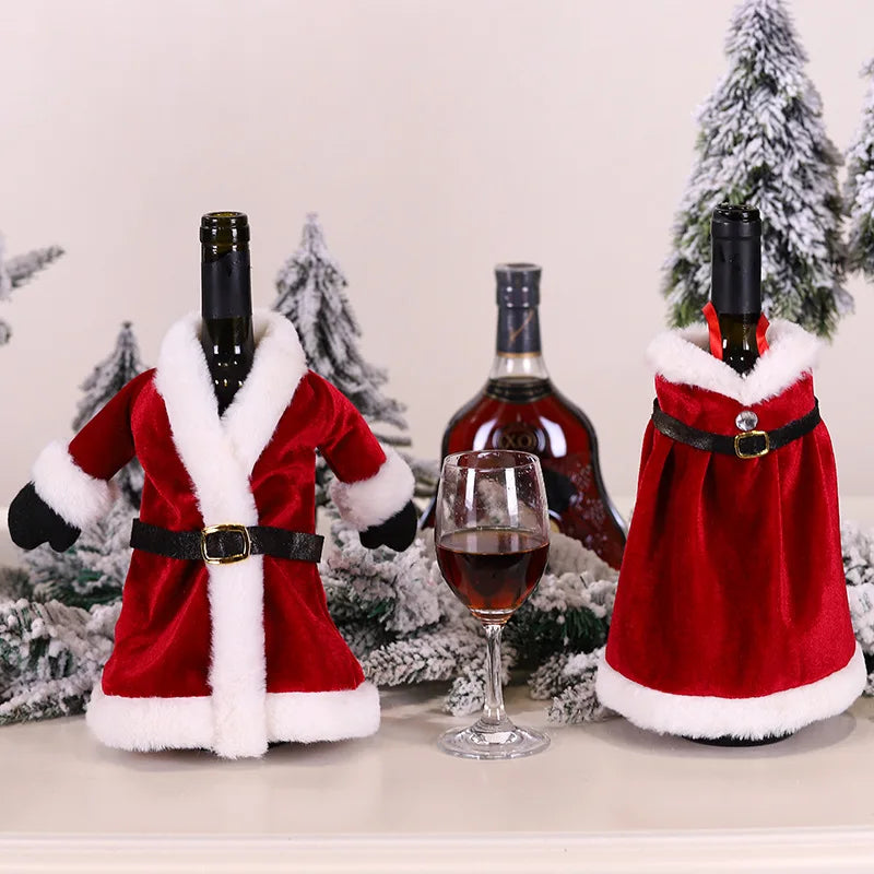 Christmas Wine Bottle Cover Set – Red Dress Wine Bottle Bag for Xmas, New Year Gifts, Navidad Party & Dinner Table Decor