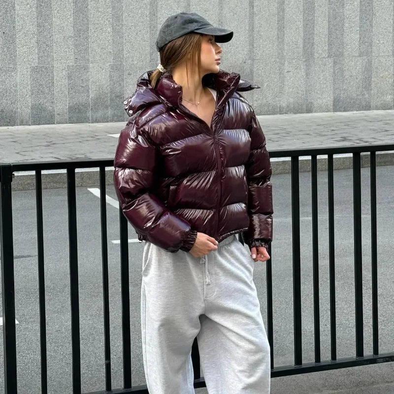 Women’s Glossy Hooded Winter Jacket – Zip-Up Short Cotton-Padded Coat with Elastic Waist & Pleated Design, High-Street Outerwear