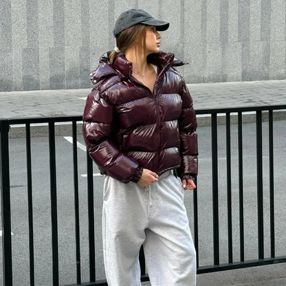 Women’s Glossy Hooded Winter Jacket – Zip-Up Short Cotton-Padded Coat with Elastic Waist & Pleated Design, High-Street Outerwear