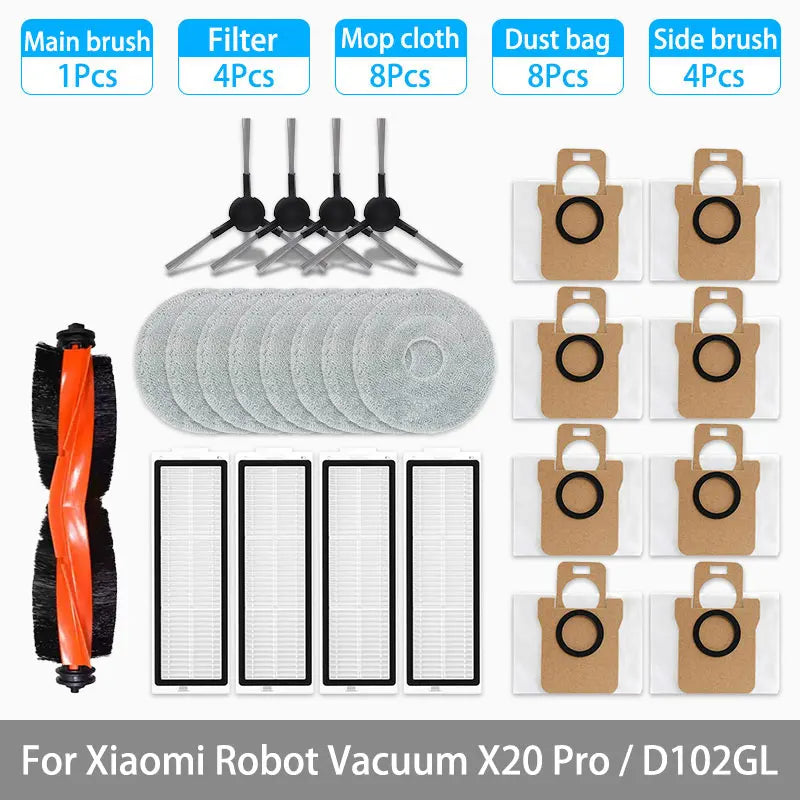 Replacement Parts Kit for Xiaomi Robot Vacuum X20 Pro / D102GL – Main Brush, Side Brushes, HEPA Filter, Mop Pads & Dust Bags