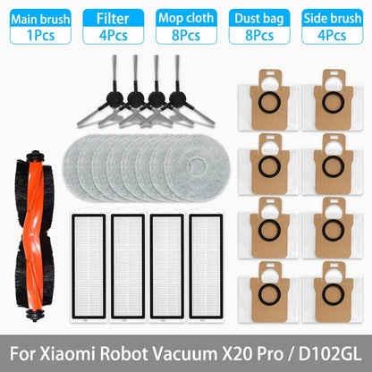 Replacement Parts Kit for Xiaomi Robot Vacuum X20 Pro / D102GL – Main Brush, Side Brushes, HEPA Filter, Mop Pads & Dust Bags