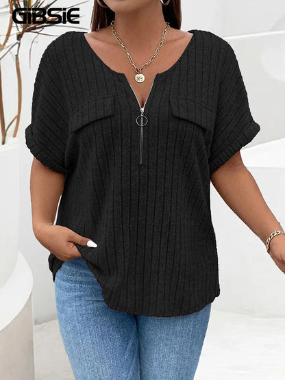 GIBSIE Plus Size Women's Ribbed T-Shirt – O-Neck Short Sleeve O-Ring Zip Front Casual Summer Top