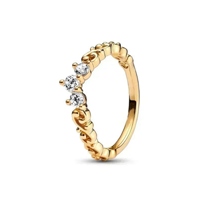 Anillo de moda ajustable con corona de corazón de plata de ley 925 chapado en oro con purpurina para mujer