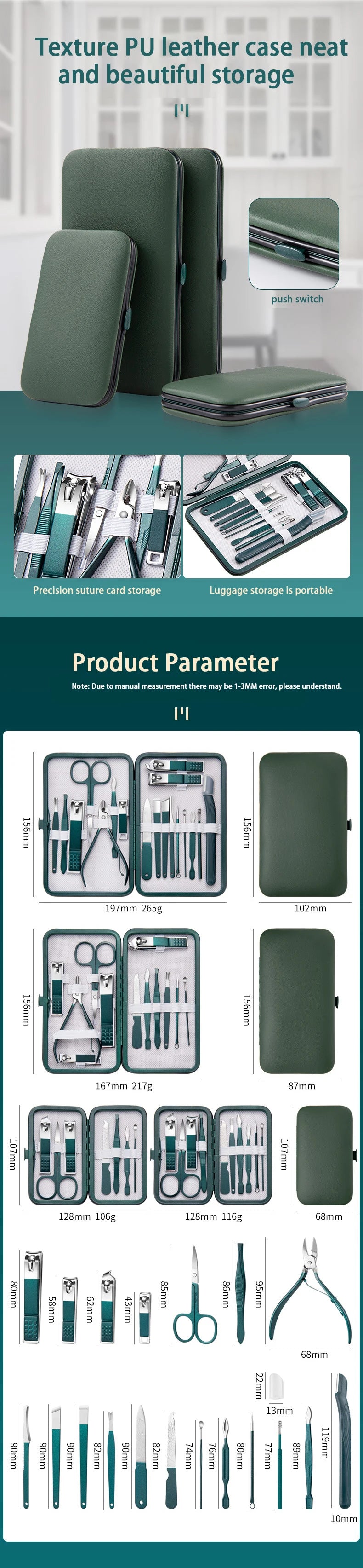 Juego profesional de manicura y pedicura de acero inoxidable de 6 a 18 piezas con estuche de viaje de piel – Kit de uñas y aseo para hombres y mujeres