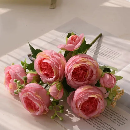 30cm Pink Silk Peony Rose Bouquet – Artificial Flower Arrangement with 5 Large Blooms & 4 Buds, Realistic Faux Floral Bouquet for Wedding, Bridal Décor, Home Decoration & DIY Crafts
