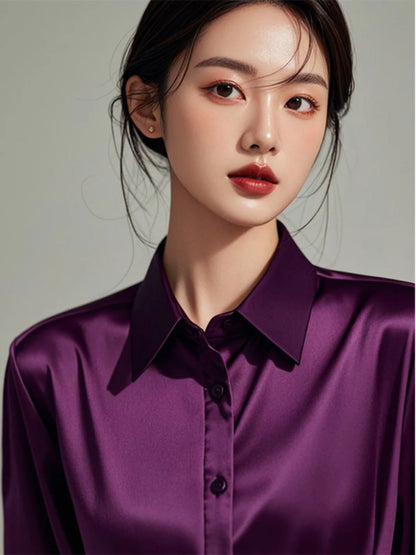 Chemisier en Soie Satinée à Manches Longues pour Femme – Chemise de Bureau Élégante Ample Boutonnée, Haut de Travail Professionnel d'Automne