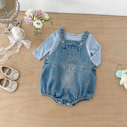 Korean-Style Baby Denim Overalls – Cute Pocket Suspender Romper for Boys & Girls, Spring & Summer Casual Infant Outfit with Nappy Cover