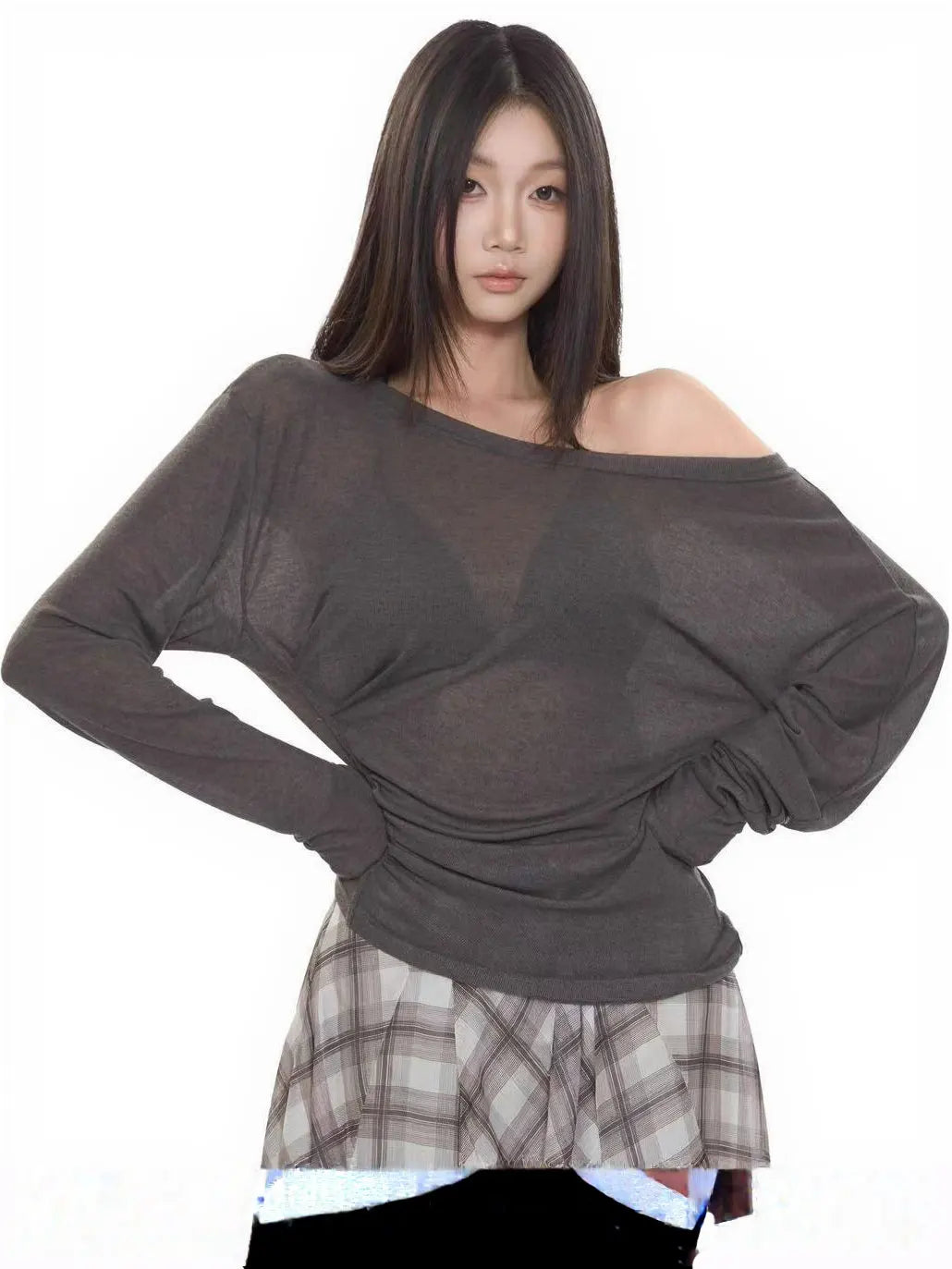 Women’s See Through Long Sleeve Oversize T-Shirt Sexy Back Bandage Off Shoulder Basic Long Tee Korean Chic