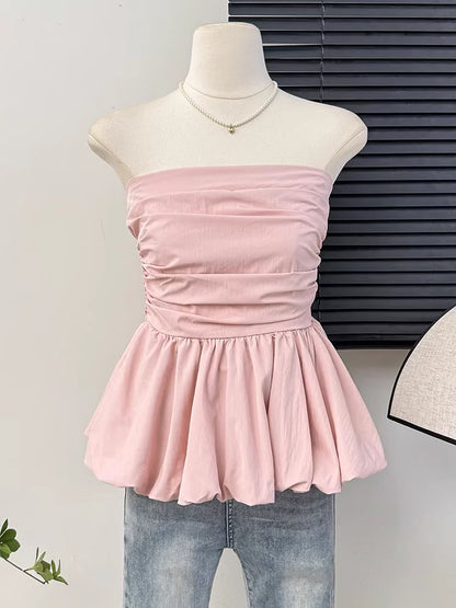 Women's Strapless Tube Top – Solid Color Pleated Sleeveless Camisole for Summer Casual Fashion