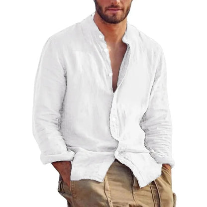 Men's Linen Long Sleeve Shirt – Stand Collar Casual Top, Lightweight Breathable Solid Color Hawaiian Style Shirt